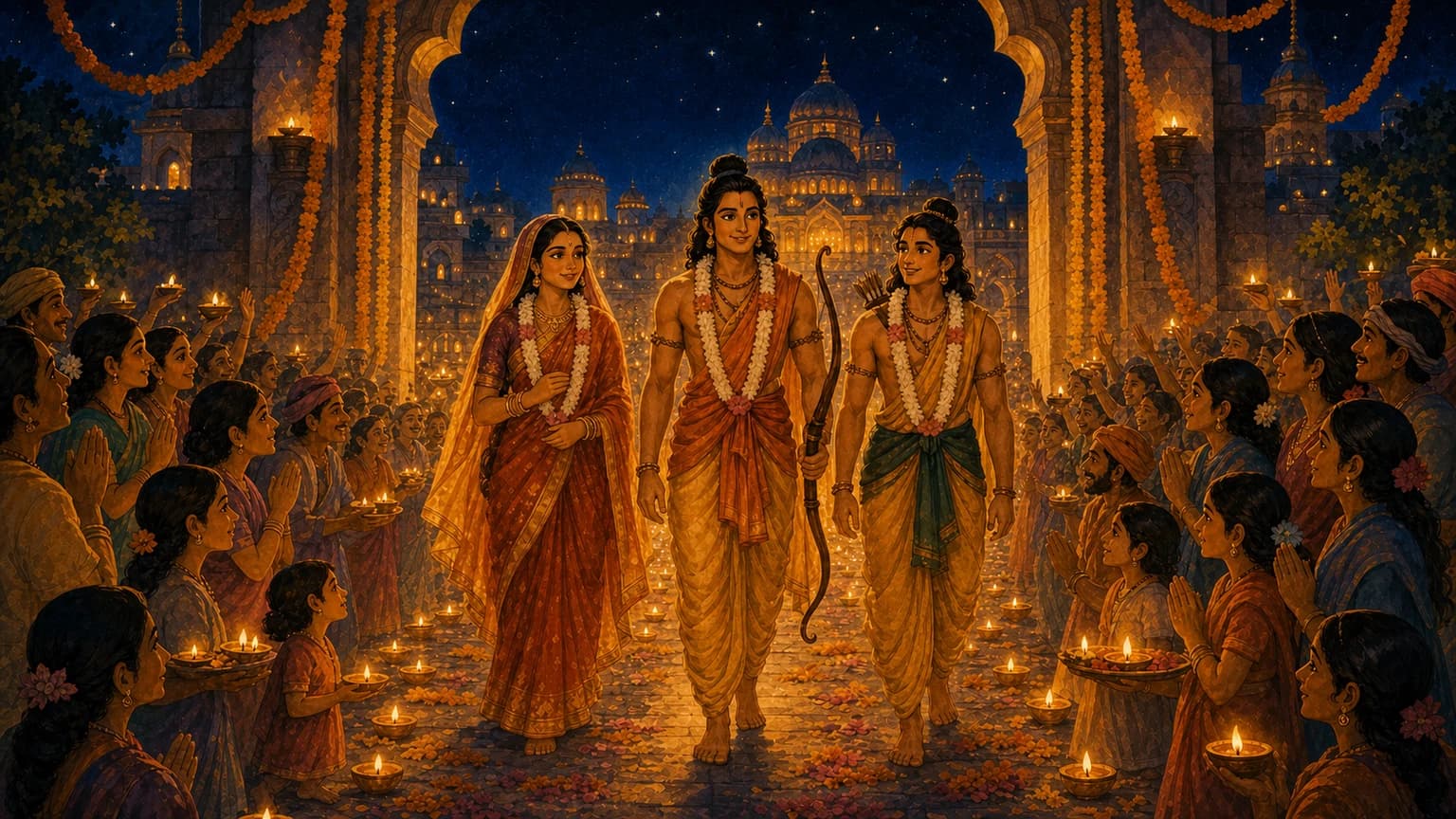Rama, Sita, and Lakshmana returning to lamp-lit Ayodhya